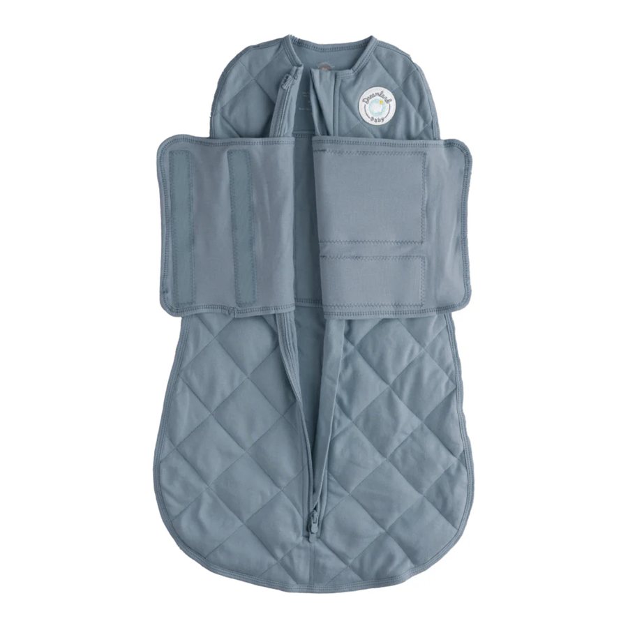 Blue quilted weighted baby swaddle with the swaddle band open